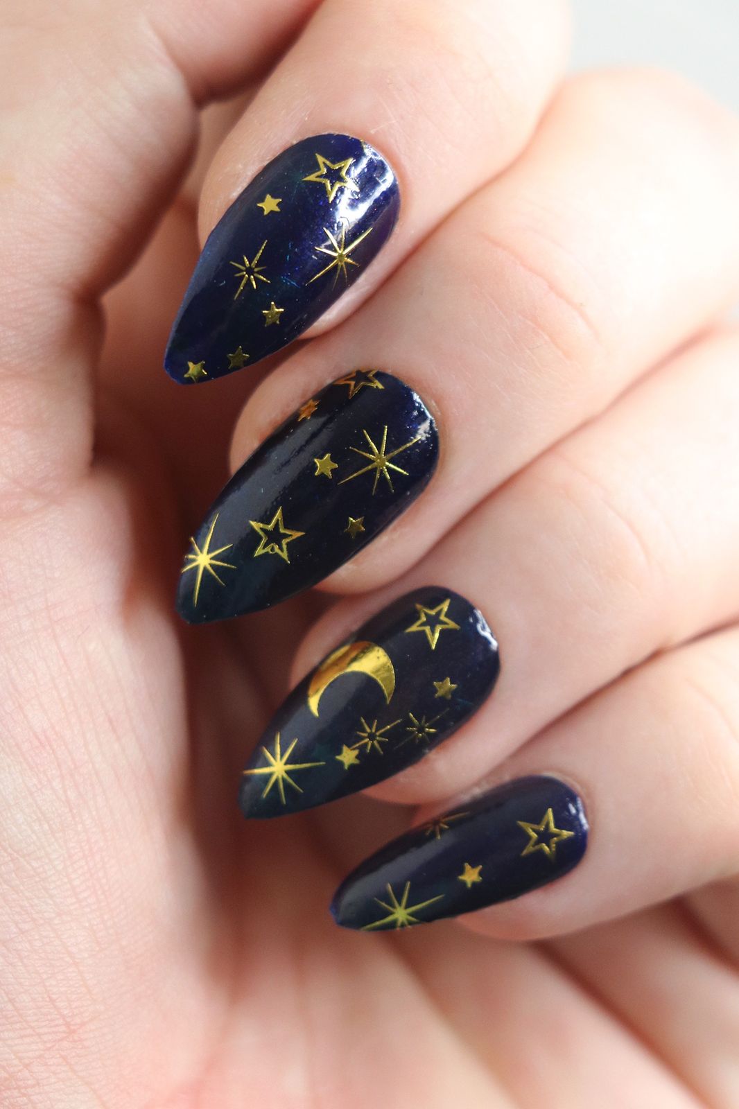 Navy Blue with All-Over Gold Celestial — Moon and Stars Nails 2027