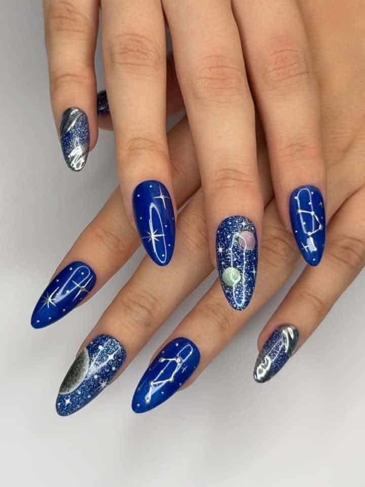 Royal Blue Constellations and Moon Phases — Moon and Stars Nails 2027