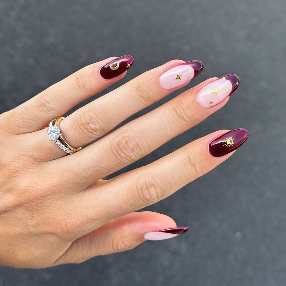 Nude and Burgundy French with Gold Celestial — Moon and Stars Nails 2027