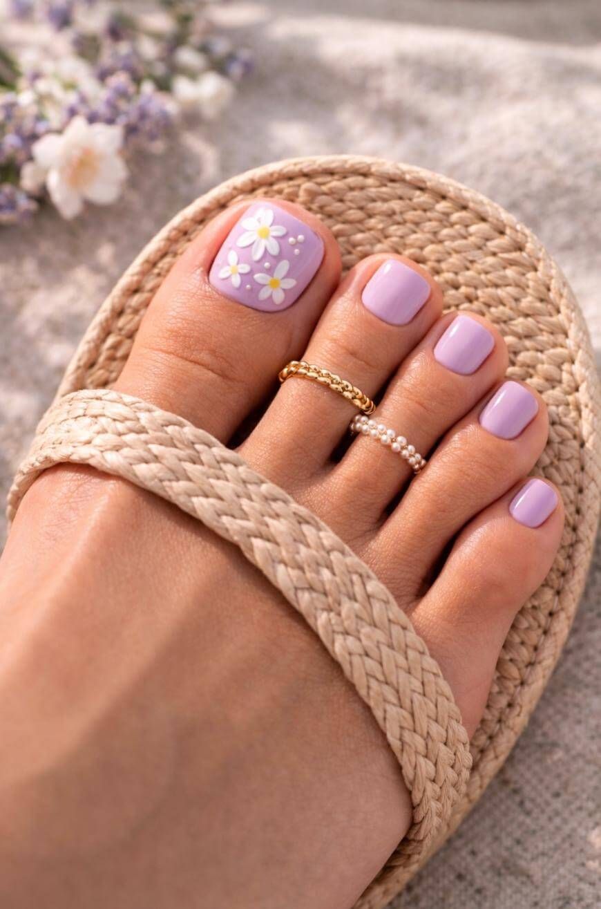 Lavender with White Floral Art Short Squares Lavender with White Floral Art Short Squares — Gel Pedicure Colors 2027