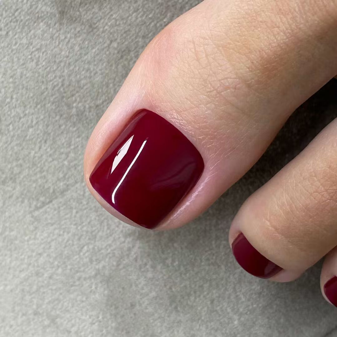 Opaque Deep Berry Red Glossy Short Squares Opaque Deep Berry Red Glossy Short Squares — Gel Pedicure Colors 2027