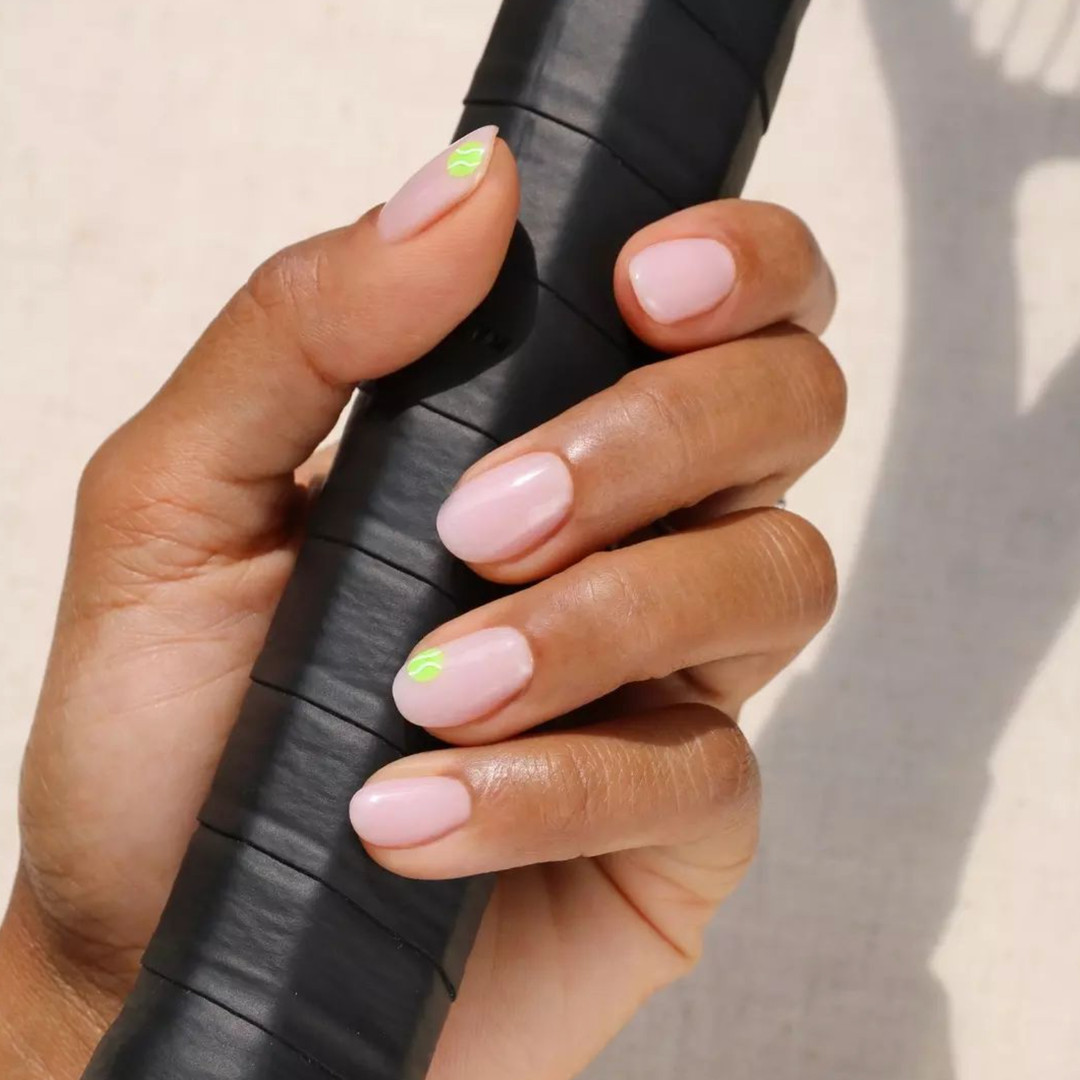 Sheer Pink With Minimalist Neon Green Lines Sheer Pink With Minimalist Neon Green Lines — Tennis Nails Team Colors 2027