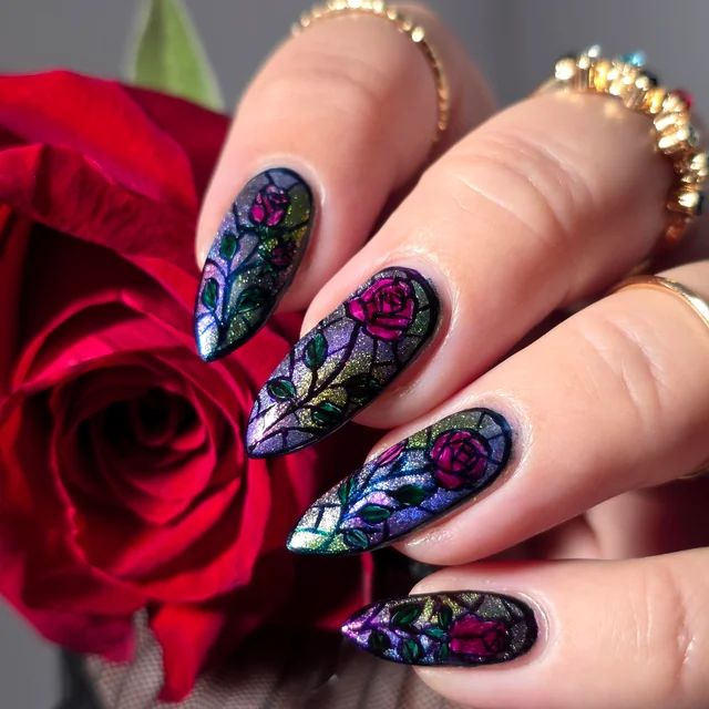 Stained Glass Rose Effect Almonds — Rose Nails 2027