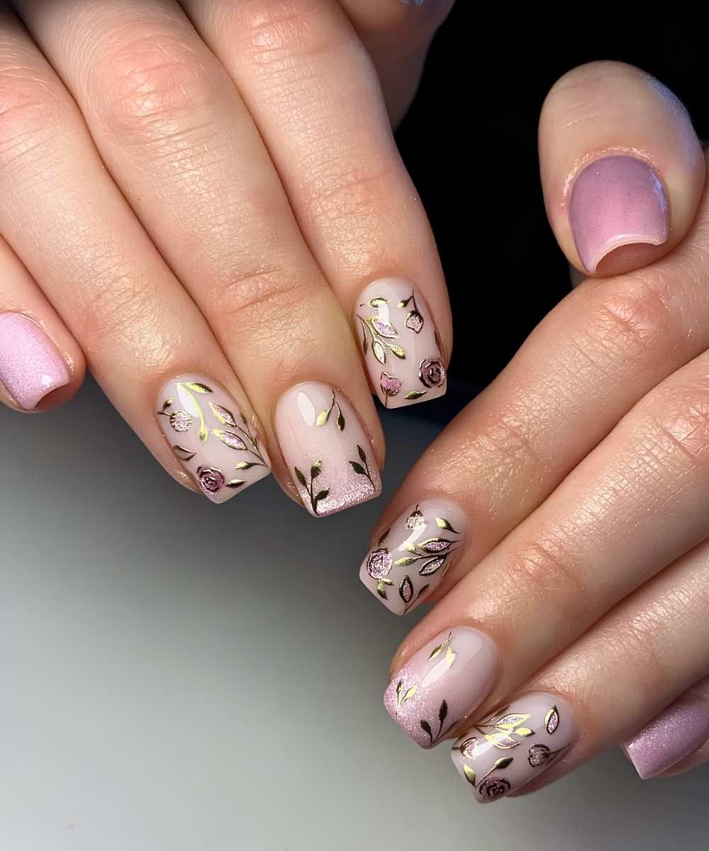 Burgundy and Pink Stilettos with Gold Roses — Rose Nails 2027