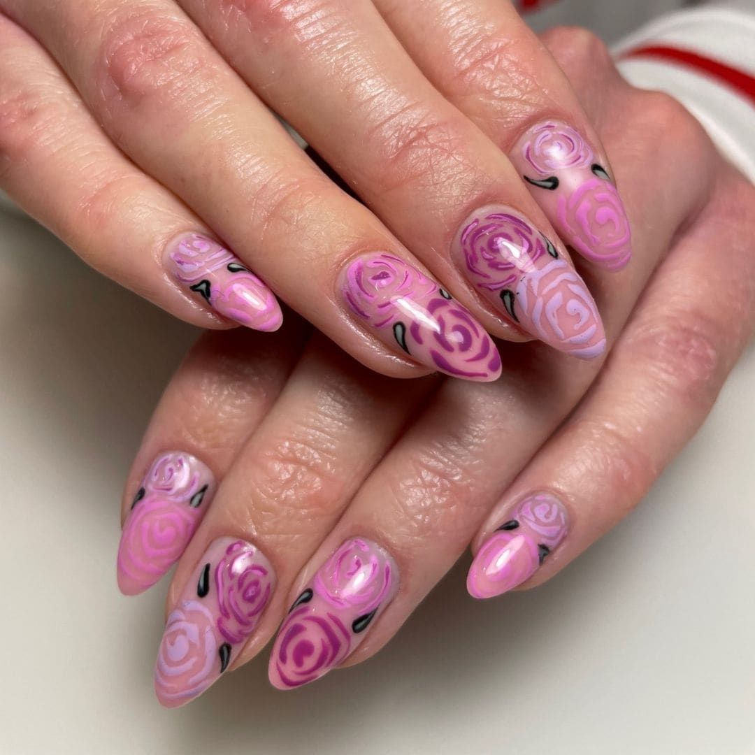 Pink and Purple Stilettos with Black Roses — Rose Nails 2027
