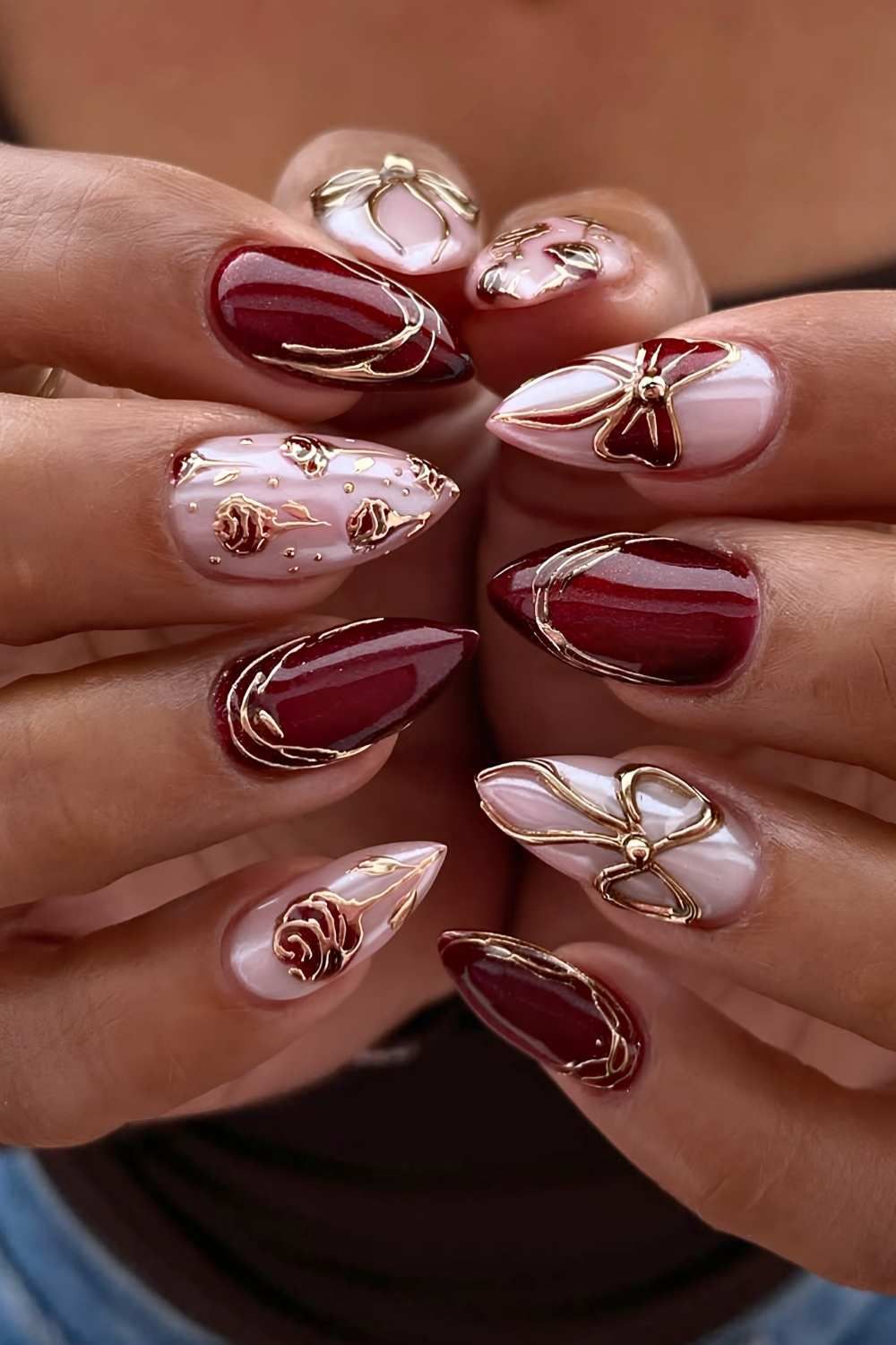 Elegant Evening Deep Burgundy and Pink Stilettos with Gold Roses — Rose Nails 2027
