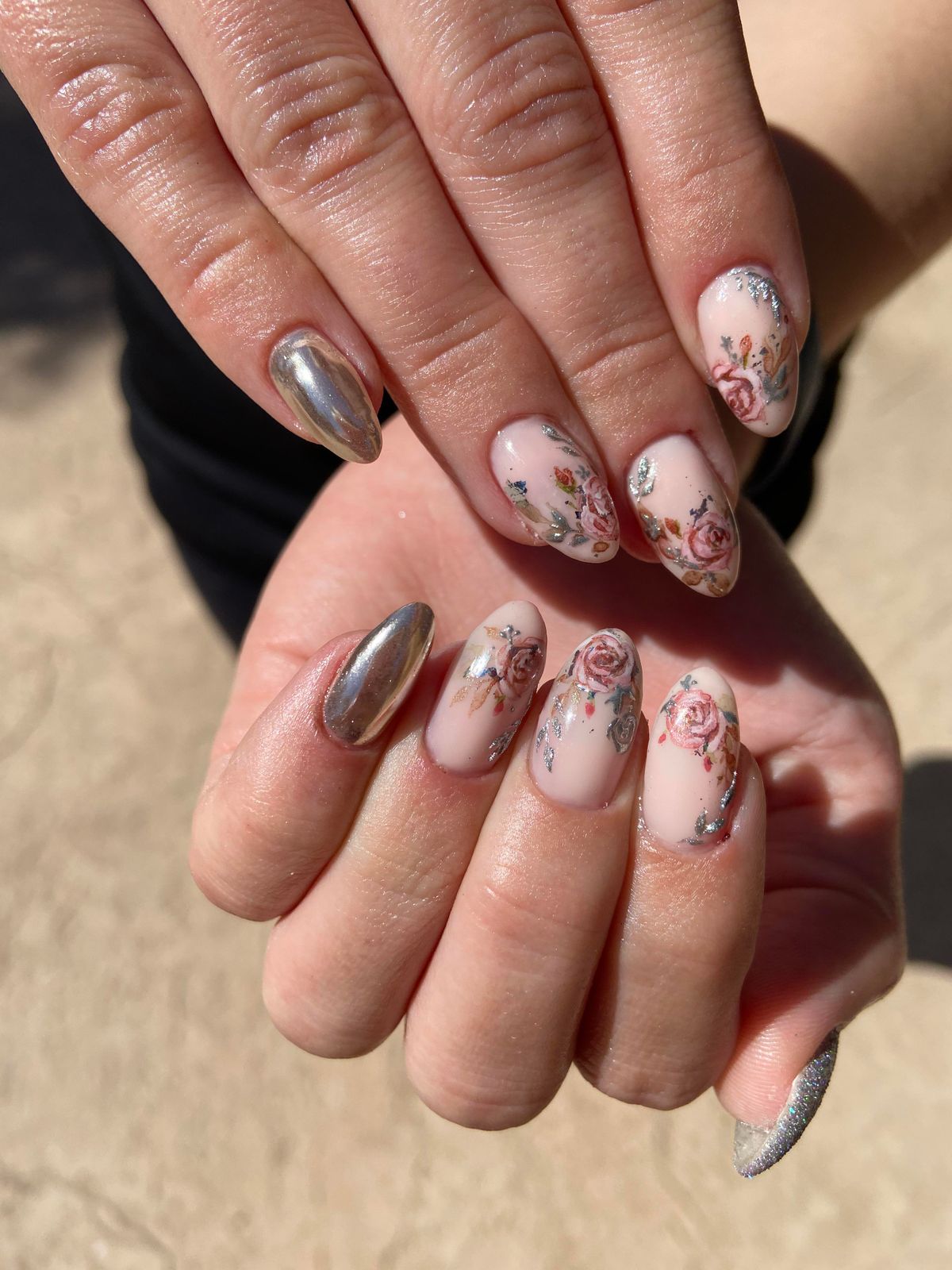 Muted Rose Floral Almonds with Silver — Rose Nails 2027