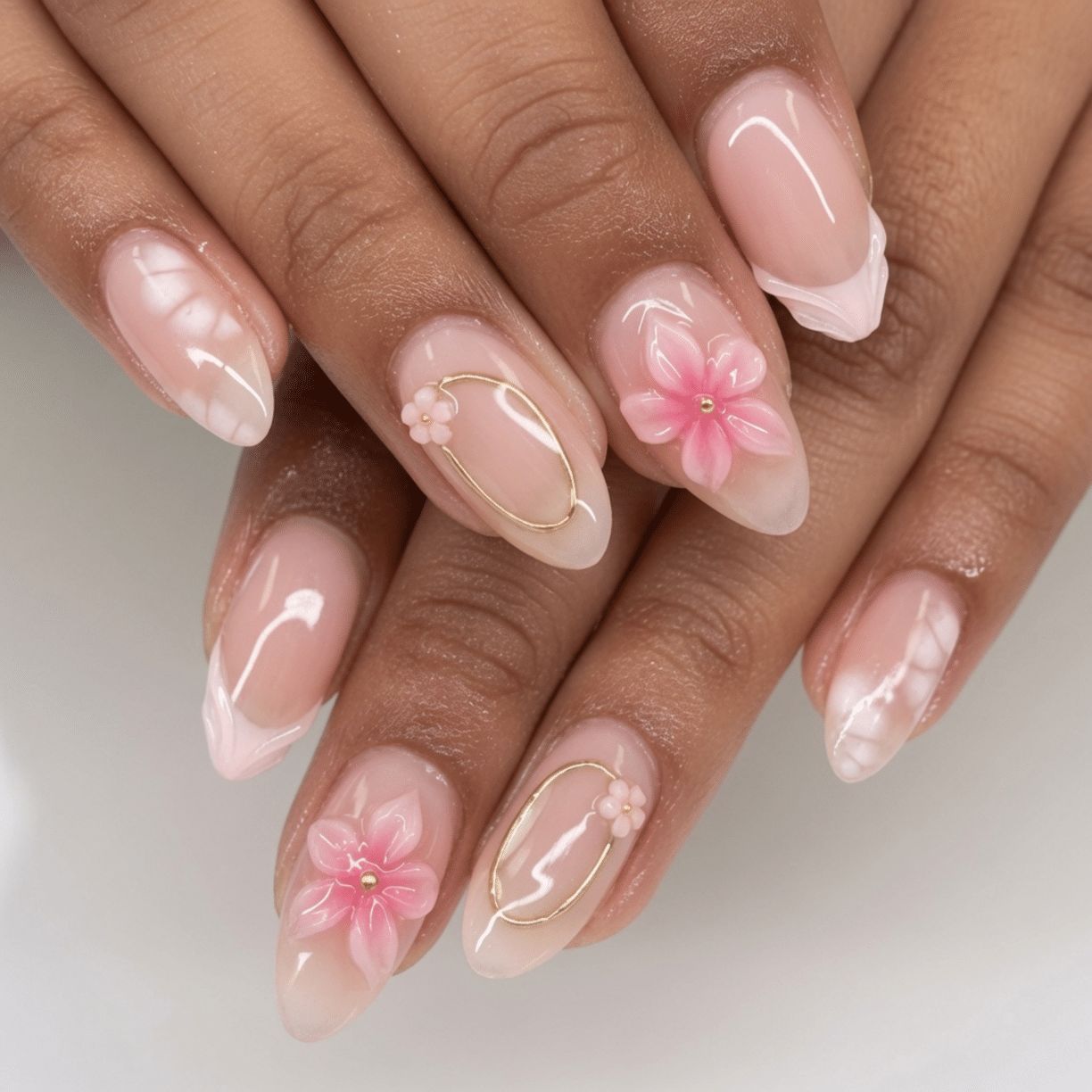 3D Pink Florals with Gold on Sheer Pink — Floral Gel Nails 2027