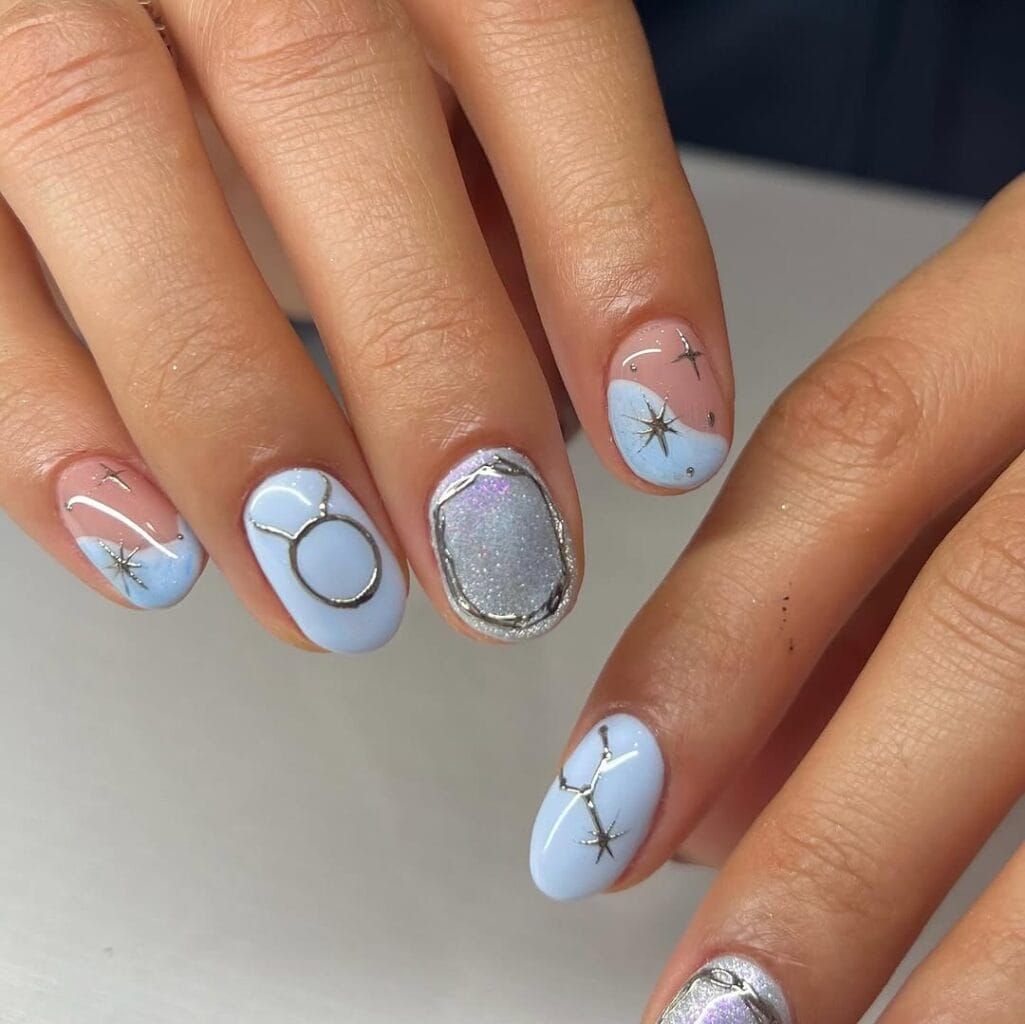 Light Blue Celestial Short Oval Nails — 30th Birthday Nails 2027