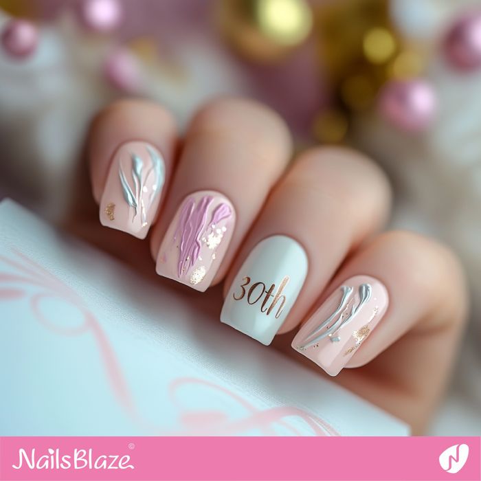 Matte Pale Pink & White Short Square with Rose Gold '30th' — 30th Birthday Nails 2027