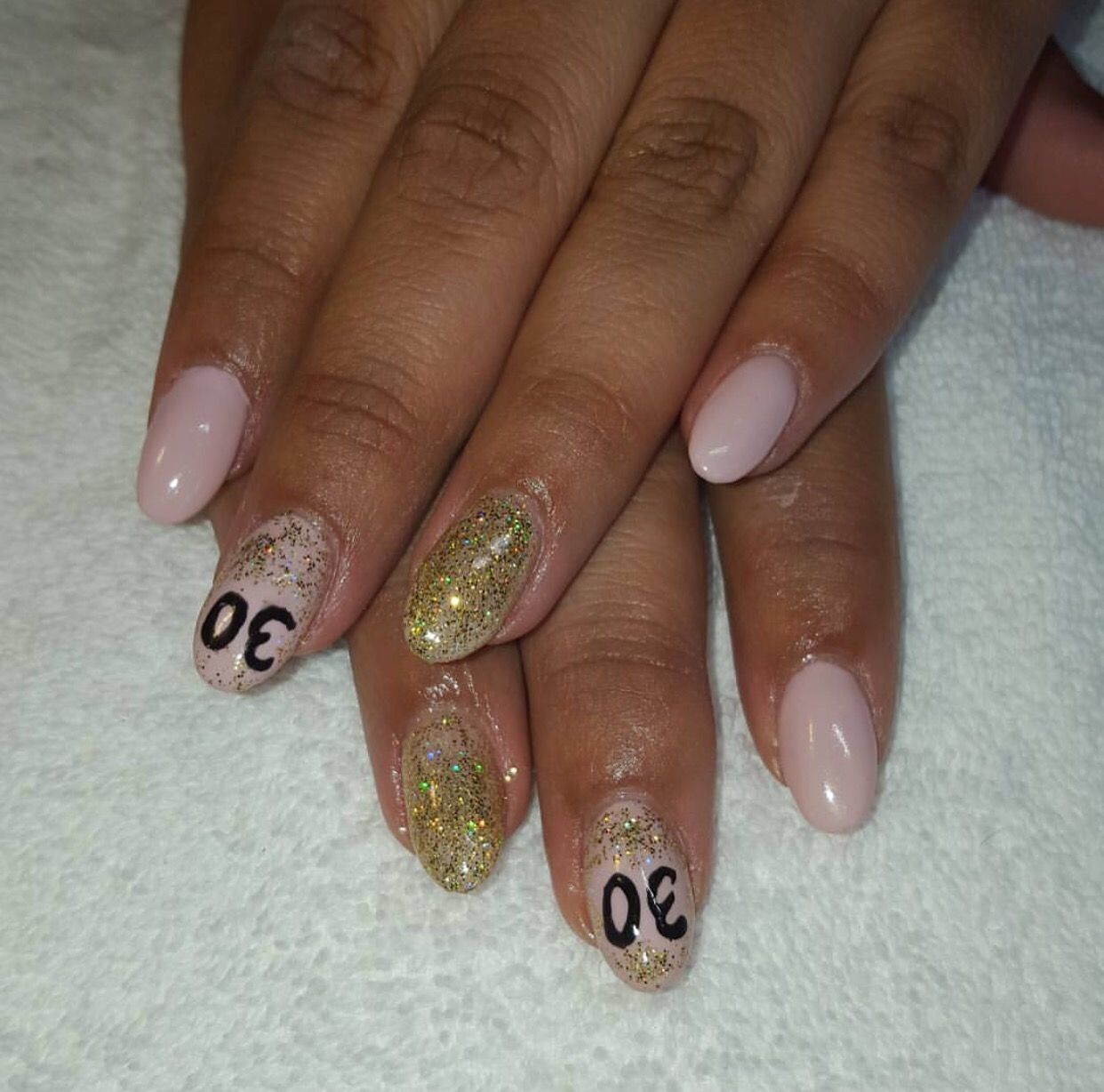 Short Oval Pale Pink with Black '30' & Gold Glitter — 30th Birthday Nails 2027