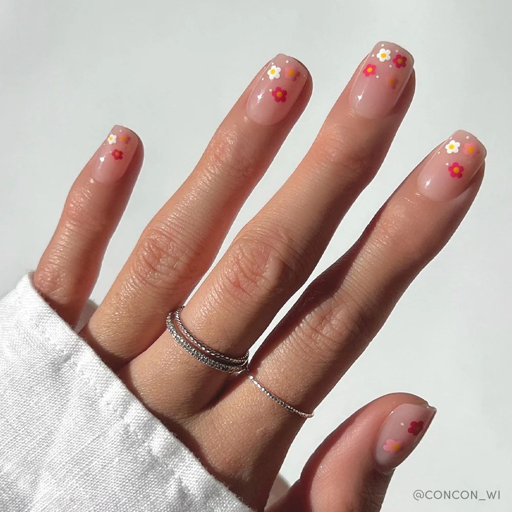 Clear Base Pink Yellow White Flowers Visual Idea — Floral Gel Nails 2027