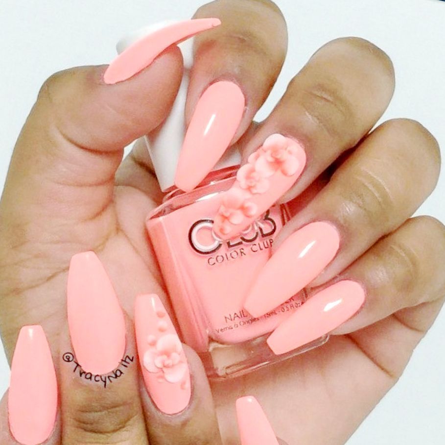Peachy Coral with 3D Floral Embellishments — Coral Coffin Nails 2027