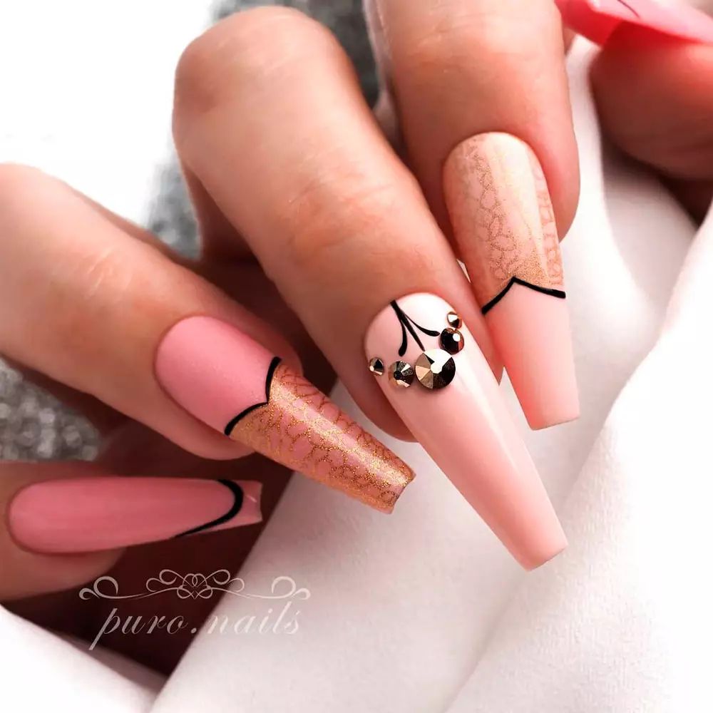 Soft Pink with Gold Glitter French Tips and Gems — Coral Coffin Nails 2027