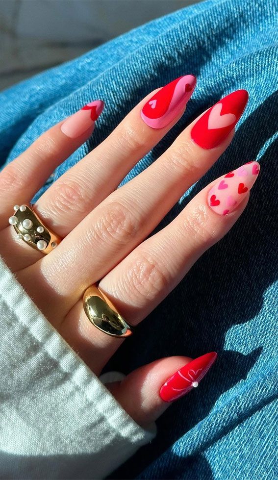 Medium Almond Mixed Heart Designs Medium Almond Mixed Heart Designs — Love Nails 2027