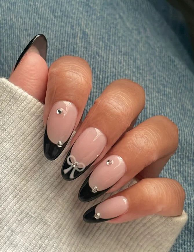 Sheer Pink Glossy Black Bow Nails — Black Bow Nails 2027
