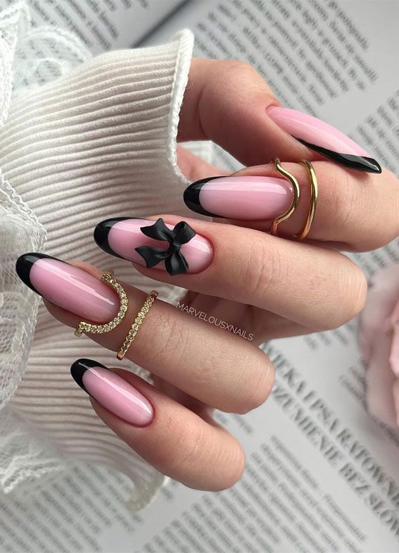 Soft Pink Black Bow French Tips — Black Bow Nails 2027