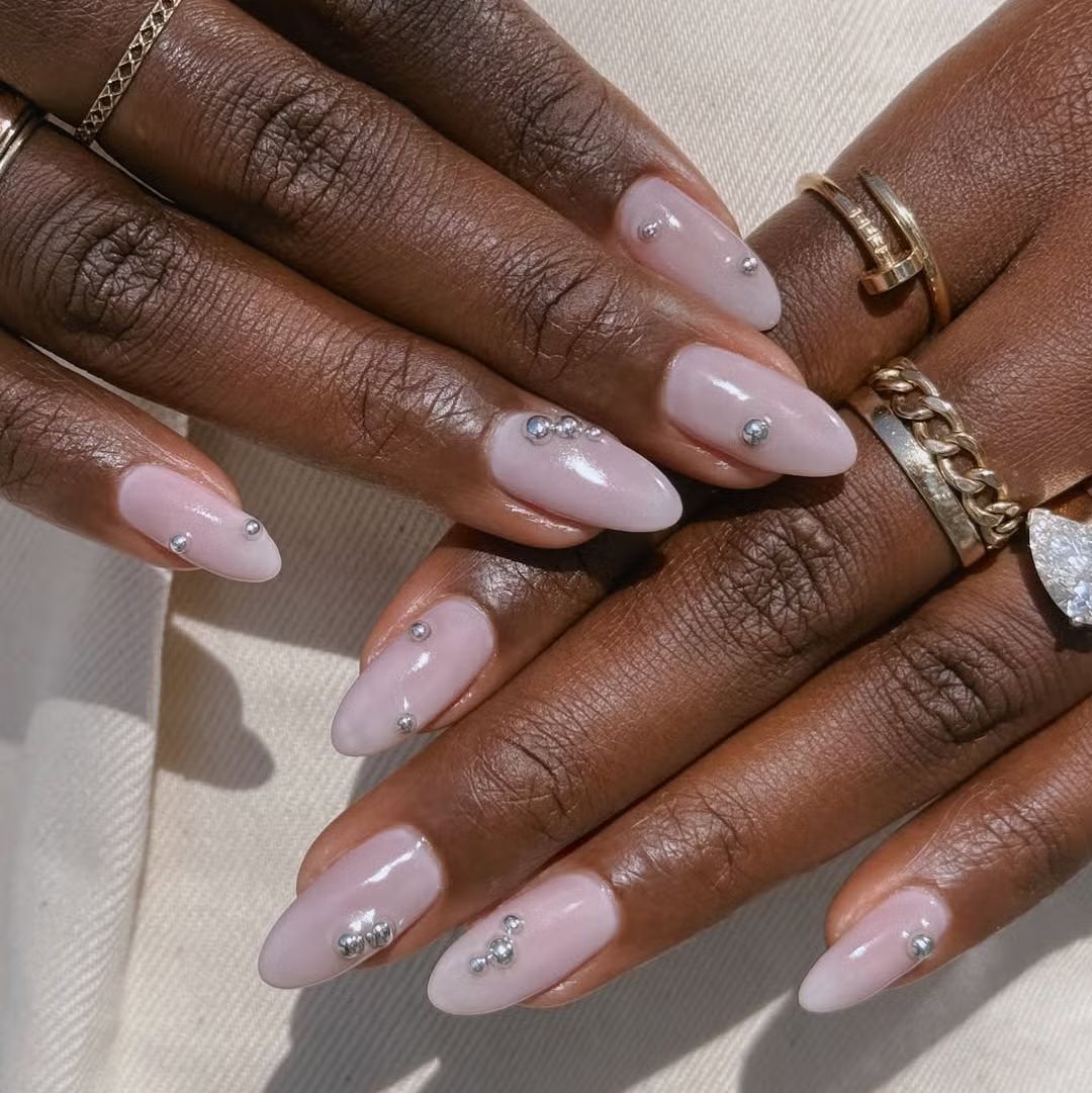 Sheer Milky Pink Nails with Silver Embellishments — Pastel Nails 2027 for Brown Skin