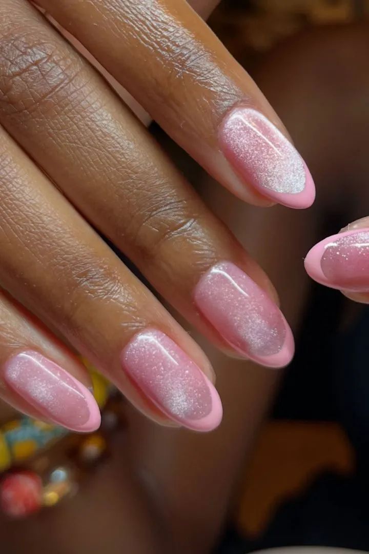 Pale Pink French Tip Cat-Eye Shimmer Nails — Pastel Nails 2027 for Brown Skin