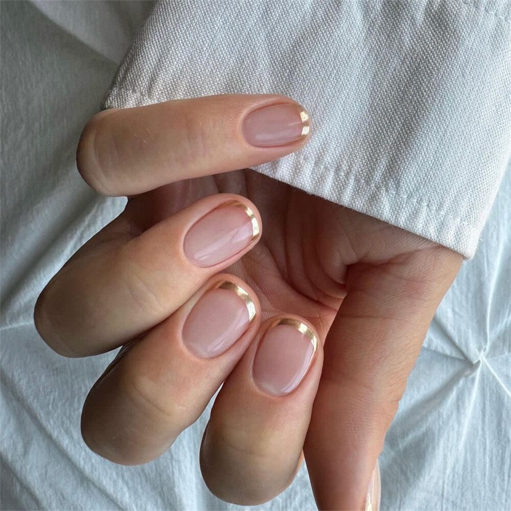 False Square with Clean Gold Tip — Short Gold French Tip Nails 2027