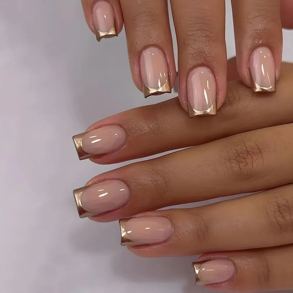 Nude Square with Sharp Gold Tip — Short Gold French Tip Nails 2027