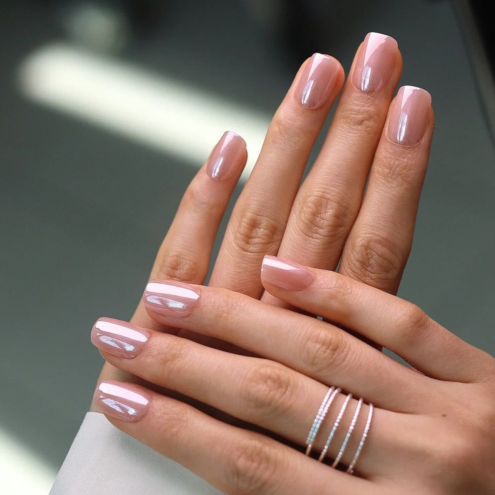 Pearlescent Pink Gold Short Square Nails Pearlescent Pink Gold Short Square Nails — Champagne Nails 2027