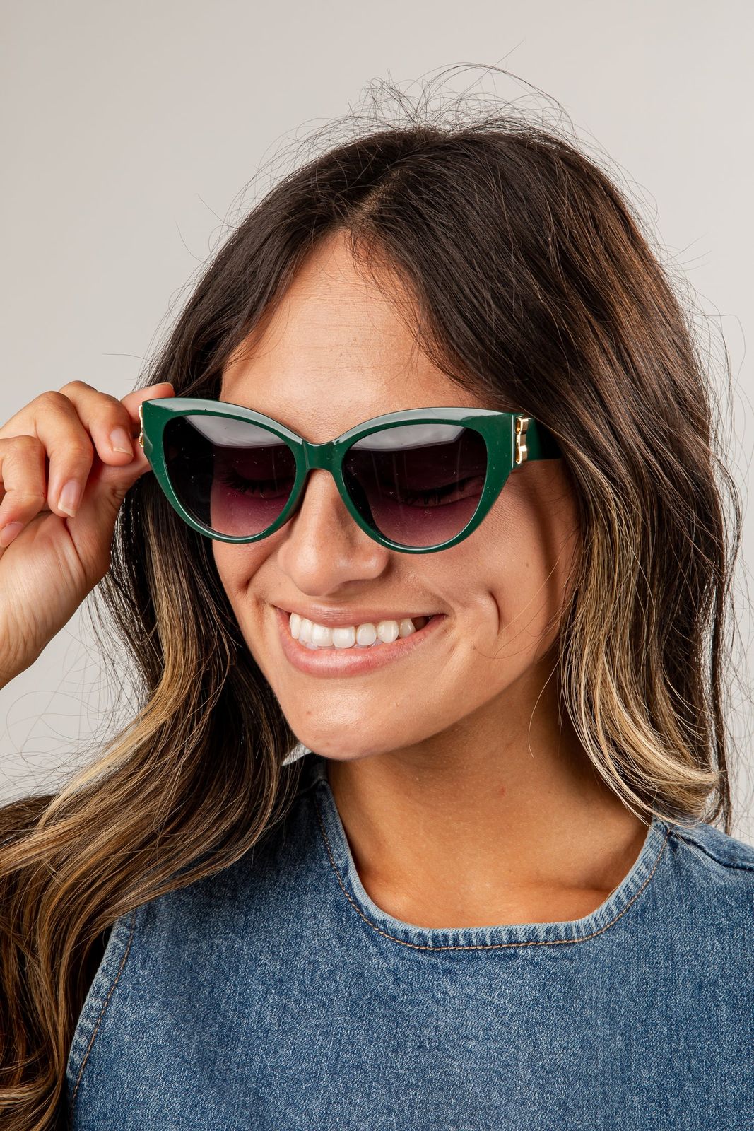 Green Cat Eye Sunglasses Brighten Denim Top — Cat Eye Sunglasses Outfits 2027