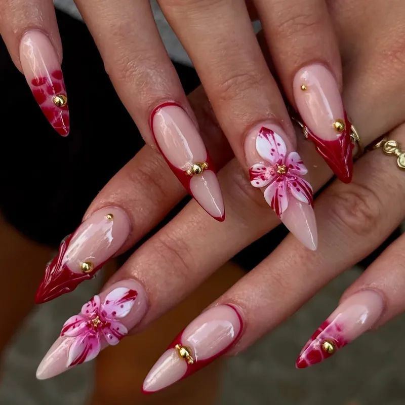 Clear Base Red French 3D Floral Stilettos Clear Base Red French 3D Floral Stilettos — Floral Stiletto Nails 2027