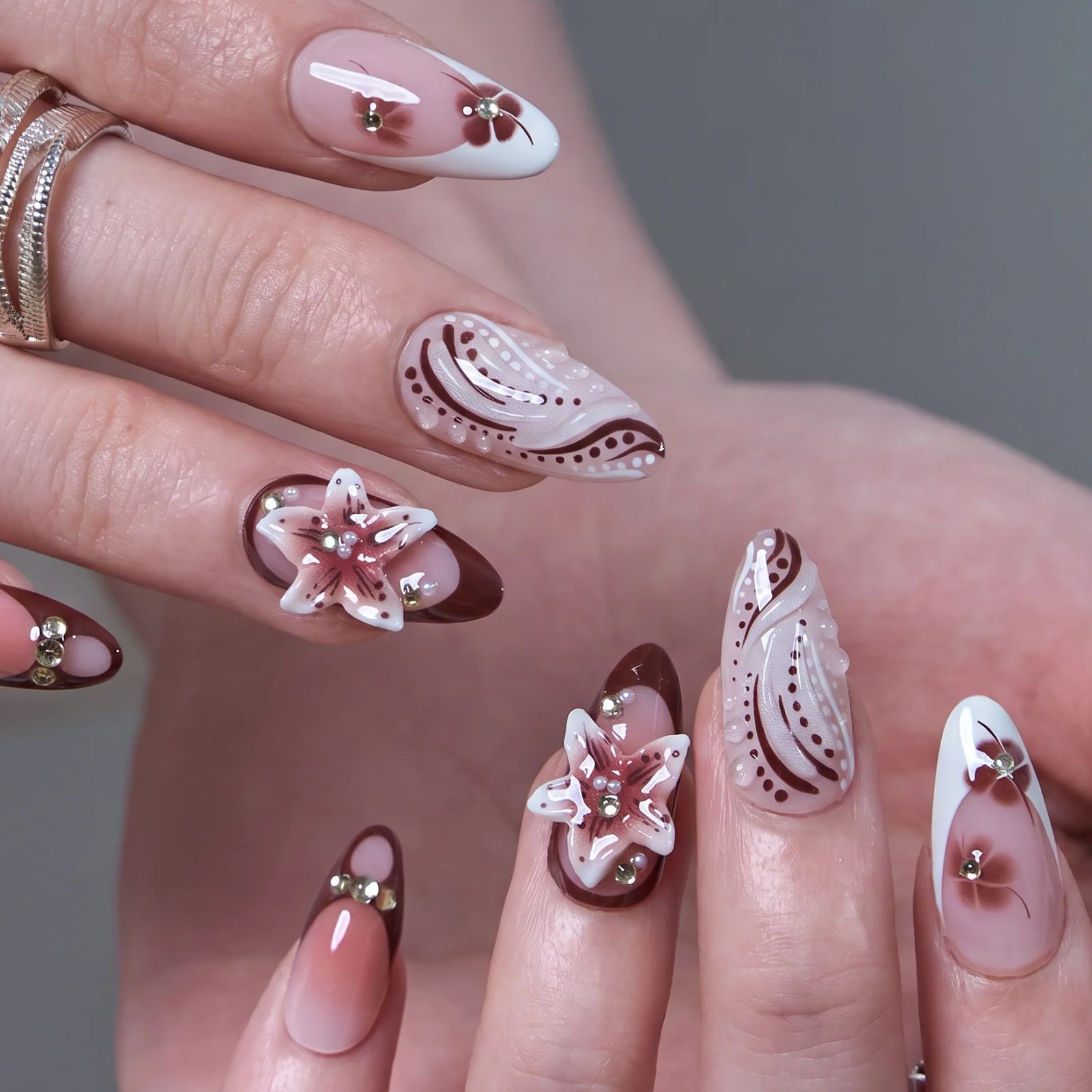 Nude Base Floral Leaf Stilettos Nude Base Floral Leaf Stilettos — Floral Stiletto Nails 2027
