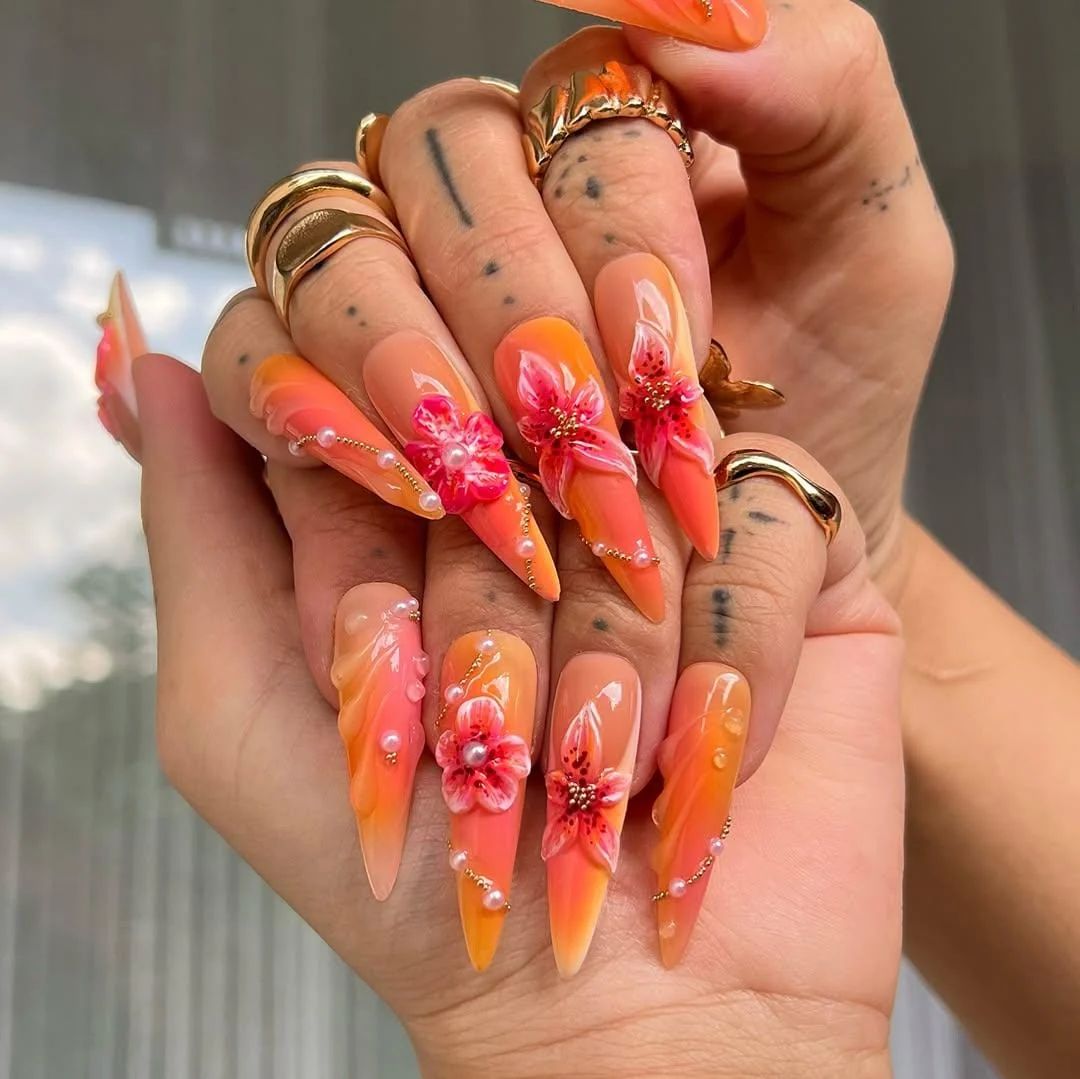 Visual Idea — Adorned With 3D Floral Motifs In Pink Visual Idea — Adorned With 3D Floral Motifs In Pink — Floral Stiletto Nails 2027