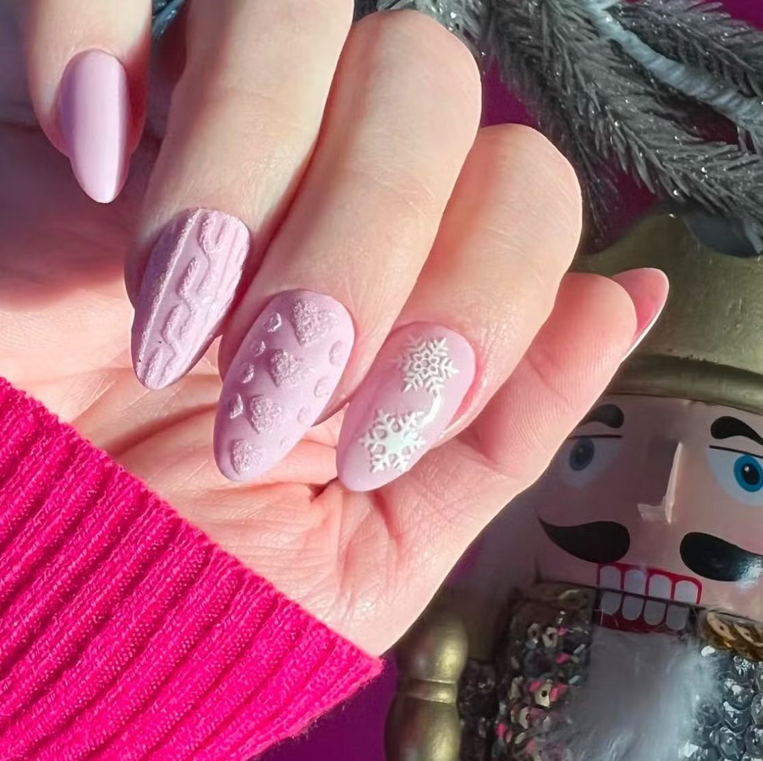 Pale Pink Heart Snowflake Almond Nails Pale Pink Heart Snowflake Almond Nails — Sweater Weather Nails 2027