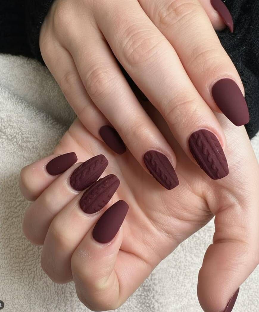 Deep Burgundy 3D Cable Knit Coffin Nails Deep Burgundy 3D Cable Knit Coffin Nails — Sweater Weather Nails 2027