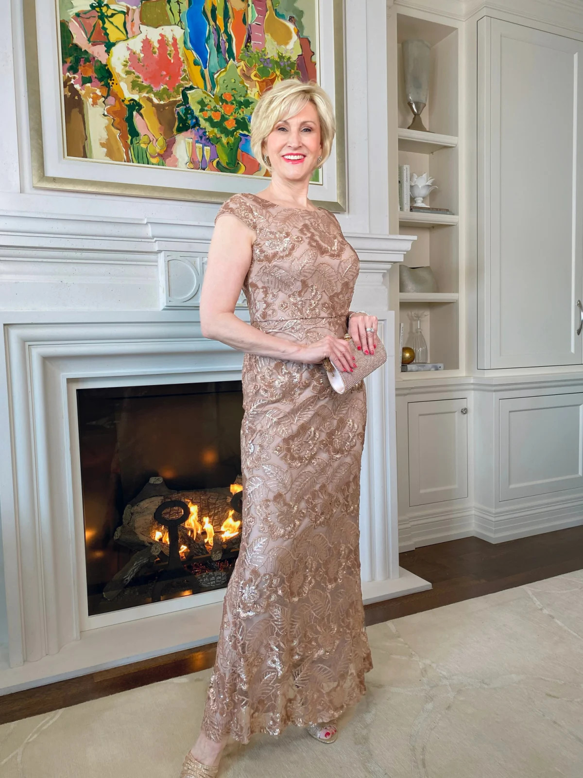 Champagne Lace Dress with Sequin Detailing and Cap Sleeves Champagne Lace Dress with Sequin Detailing and Cap Sleeves — Grandmother of the Bride Outfits 2027