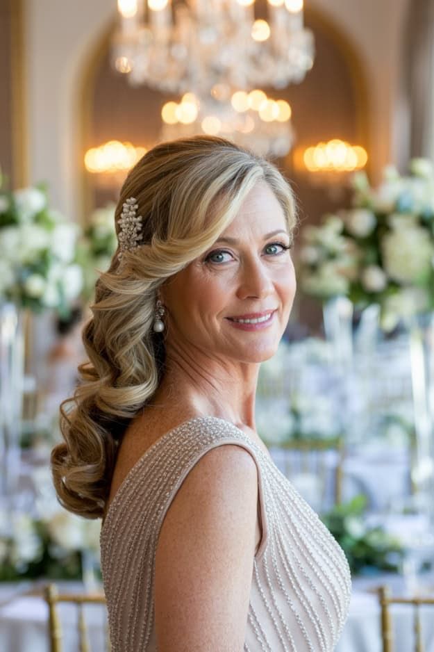 Side-Swept Curls With Accessory Side-Swept Curls With Accessory — Church Wedding Hairstyles 2027