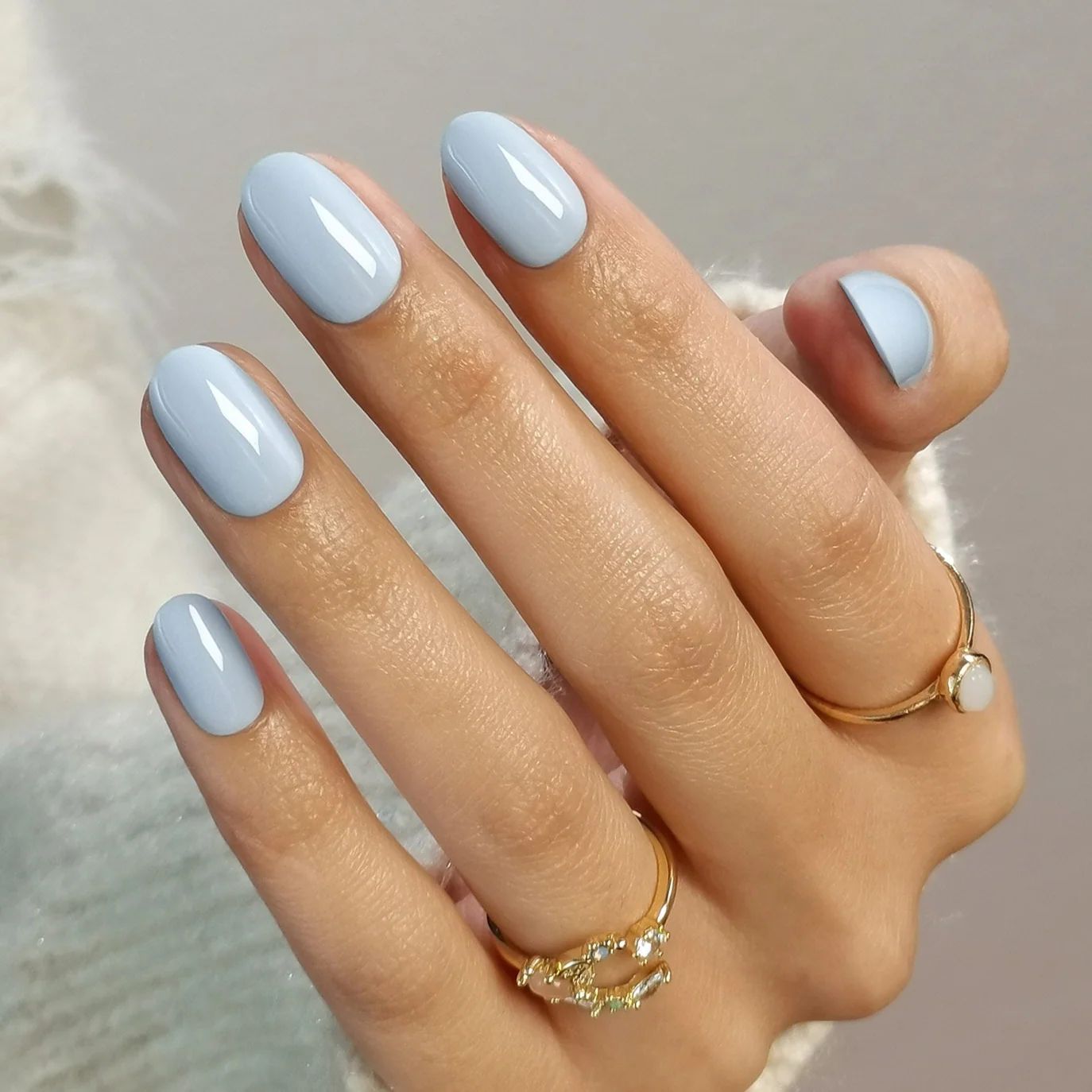 Solid Glossy Baby Blue Short Ovals — Pastel Oval Nails 2027