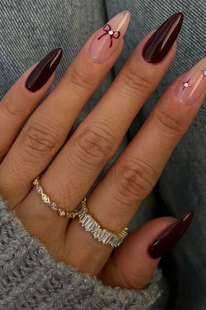 Deep Burgundy Stiletto with Dark Red Bows Deep Burgundy Stiletto with Dark Red Bows — Long Bow Nails 2027