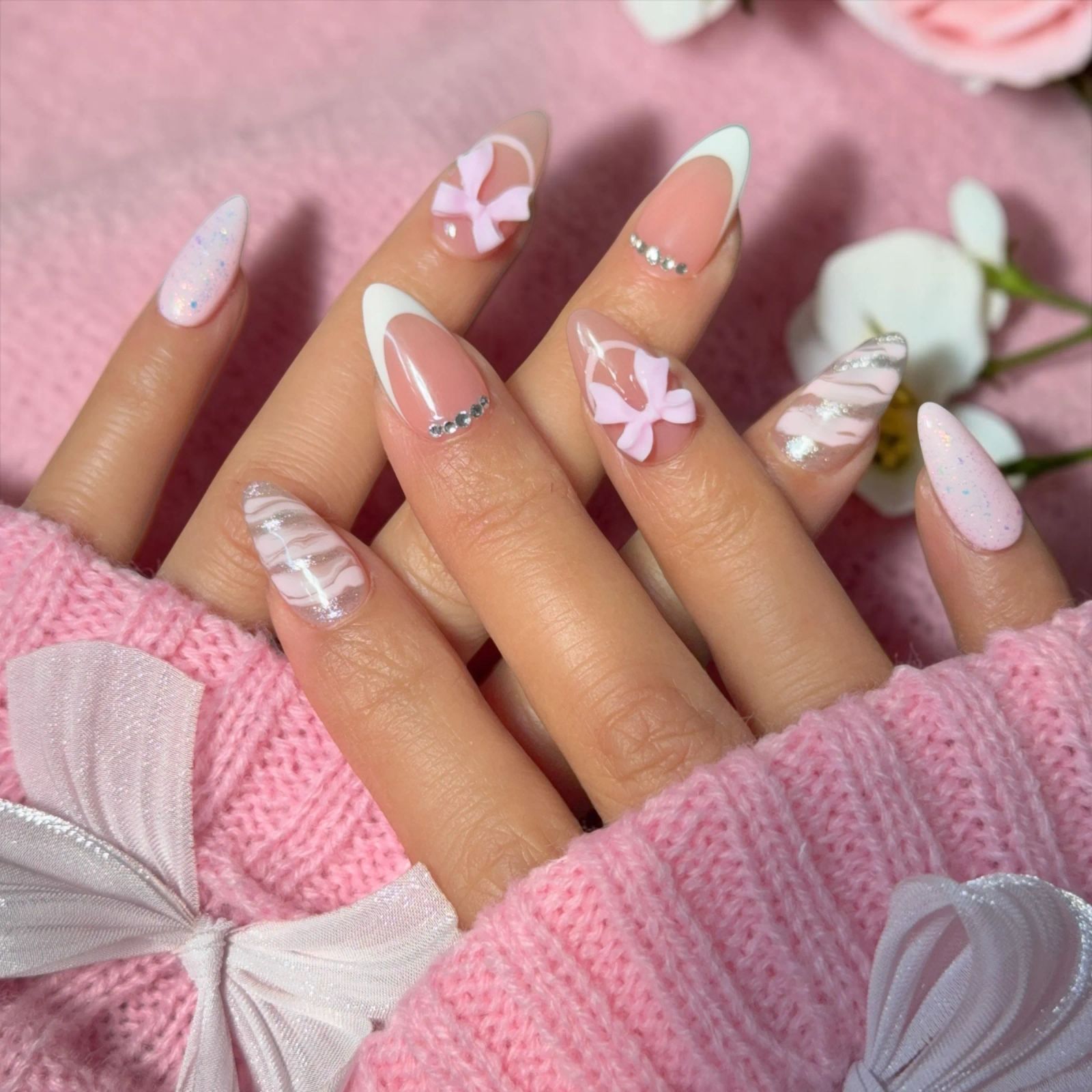 Nude French Almond with 3D Bows and Marbling Nude French Almond with 3D Bows and Marbling — Long Bow Nails 2027