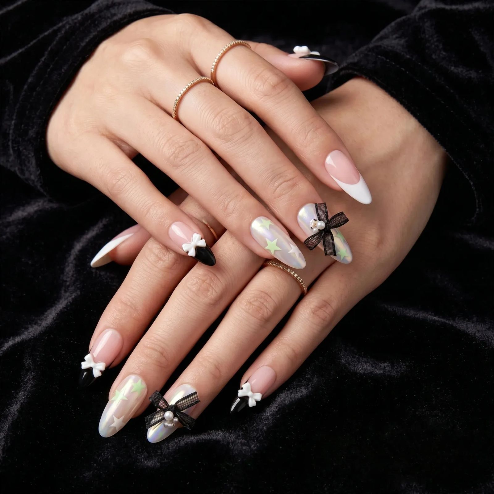 Nude French Almond with Black Accents and Bows Nude French Almond with Black Accents and Bows — Long Bow Nails 2027