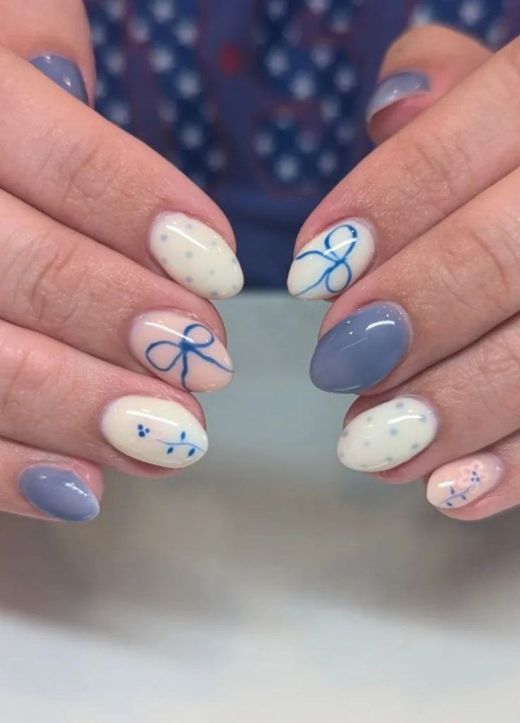 Mixed Media Medium Oval with Blue Bows Mixed Media Medium Oval with Blue Bows — Long Bow Nails 2027