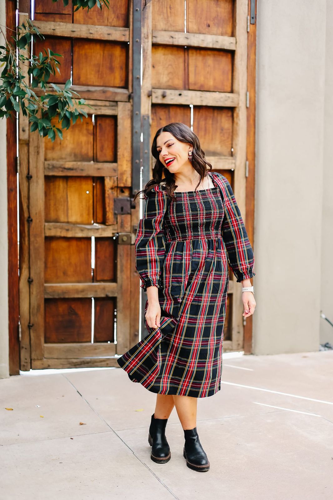 Bold Plaid Smocked Dress with Chelsea Boots — Church Outfits 2027