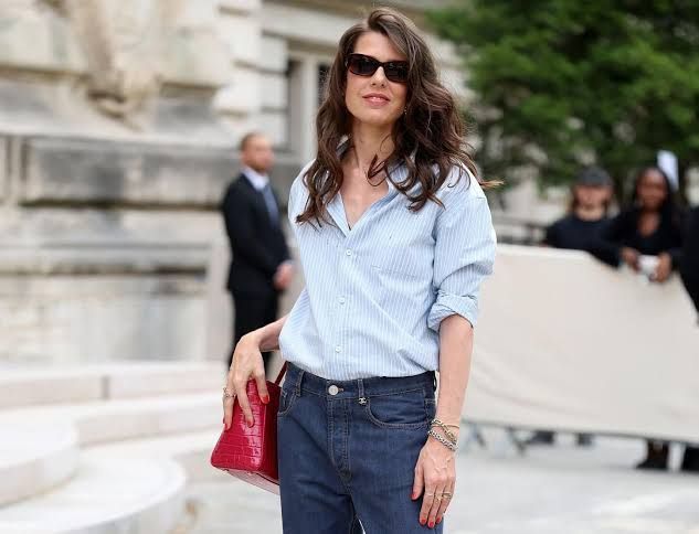 Striped Button-Down Shirt with Dark Wash Jeans and Red Handbag — Church Outfits 2027