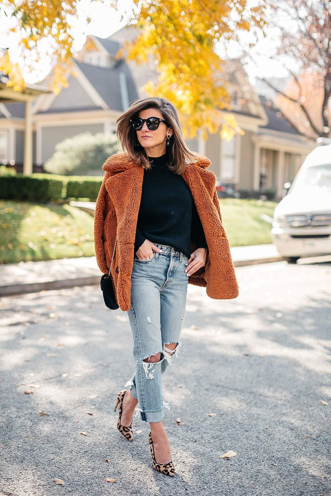 Textural Mix: Teddy Coat, Distressed Jeans, and Leopard Heels — Cold Weather Outfits 2027