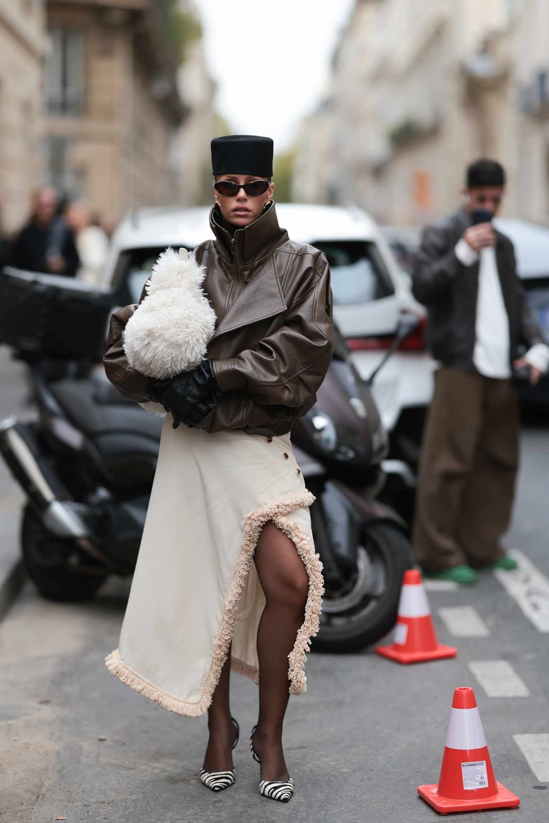 Avant-Garde Fusion: Leather Bomber, Asymmetric Skirt, and Zebra Heels — Cold Weather Outfits 2027