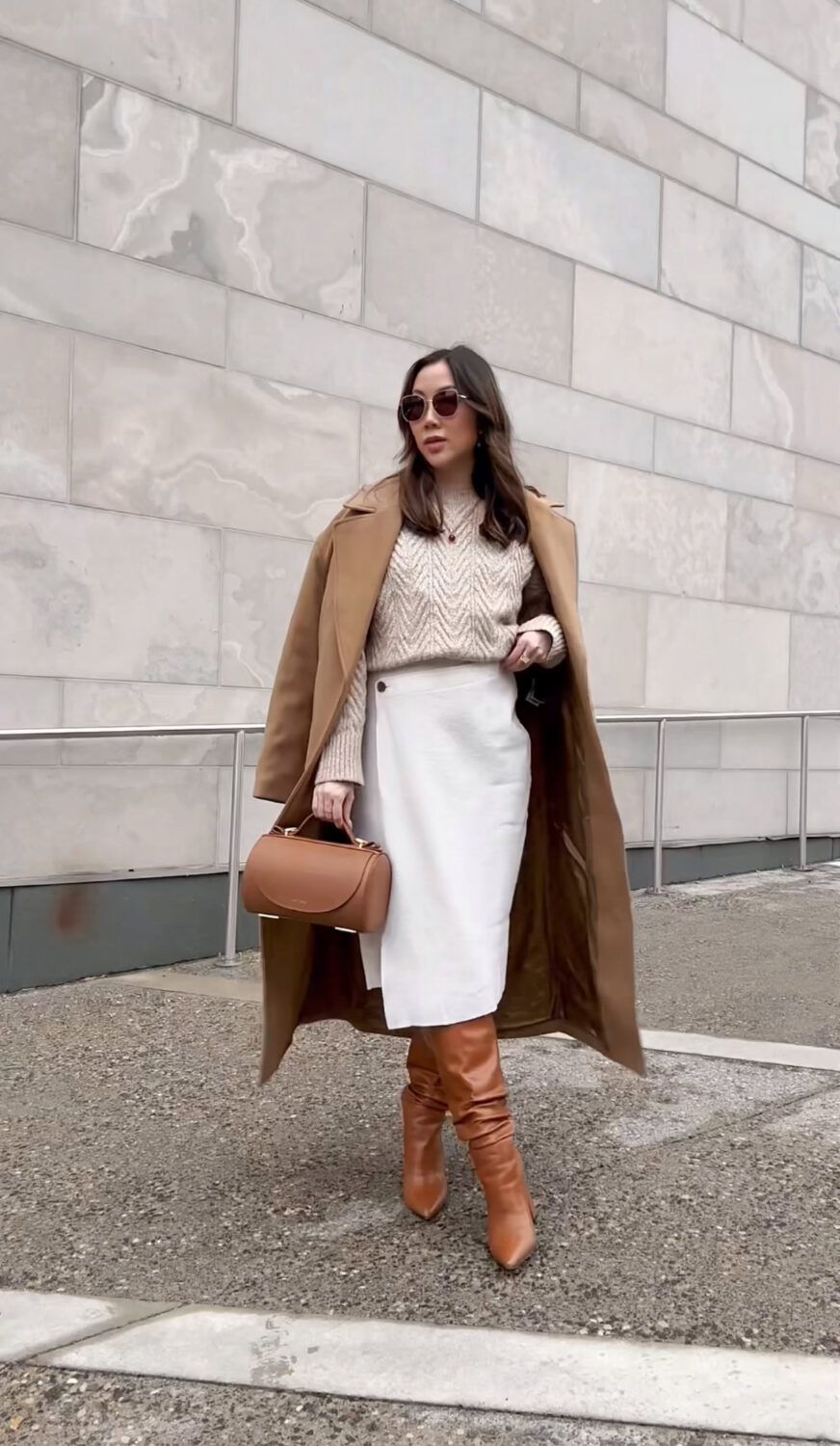 Tonal Sophistication: Camel Trench Coat Over Cream Knit and Midi Skirt — Cold Weather Outfits 2027