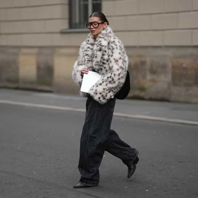 Bold Monochrome Statement: Black and White Faux Fur Coat with Wide-Leg Jeans — Cold Weather Outfits 2027