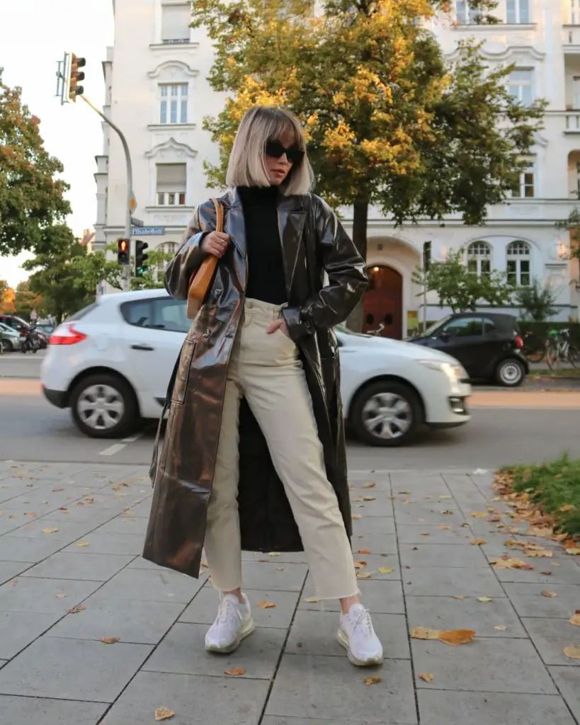 Textured Polish: Patent Trench Coat Over Cream Trousers — Cold Weather Outfits 2027