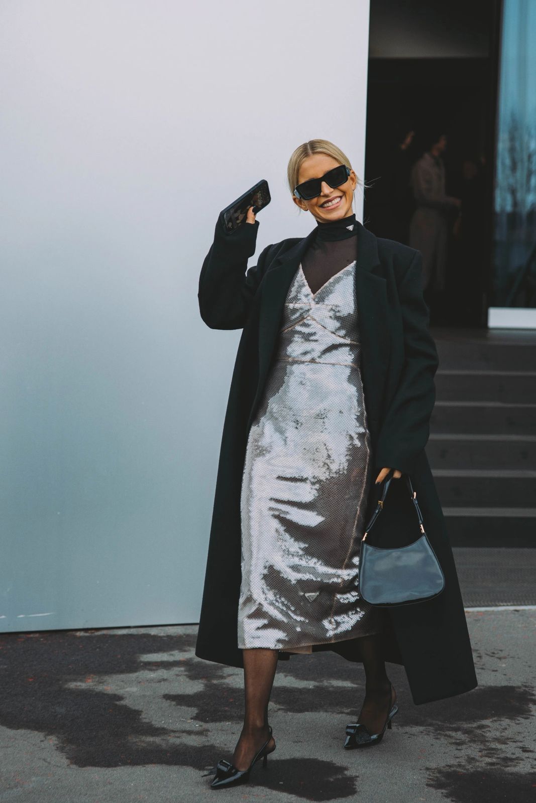 Glamorous Silver Sequined Dress Under Wool Coat Glamorous Silver Sequined Dress Under Wool Coat — Cozy Winter Outfits 2027