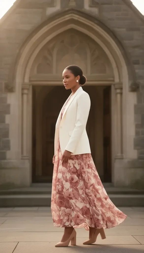 Floral Maxi Dress with White Blazer — Church Outfits 2027