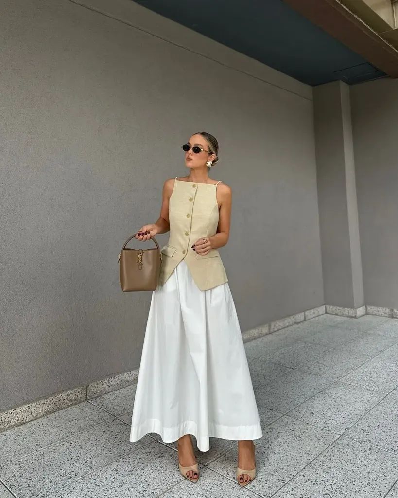 Textured Cream Blazer with Brown Ribbed Midi Skirt — Church Outfits 2027