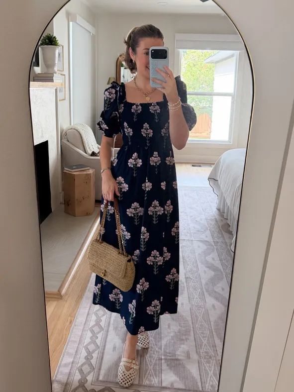 Navy Floral Midi Dress with Puff Sleeves — Church Outfits 2027